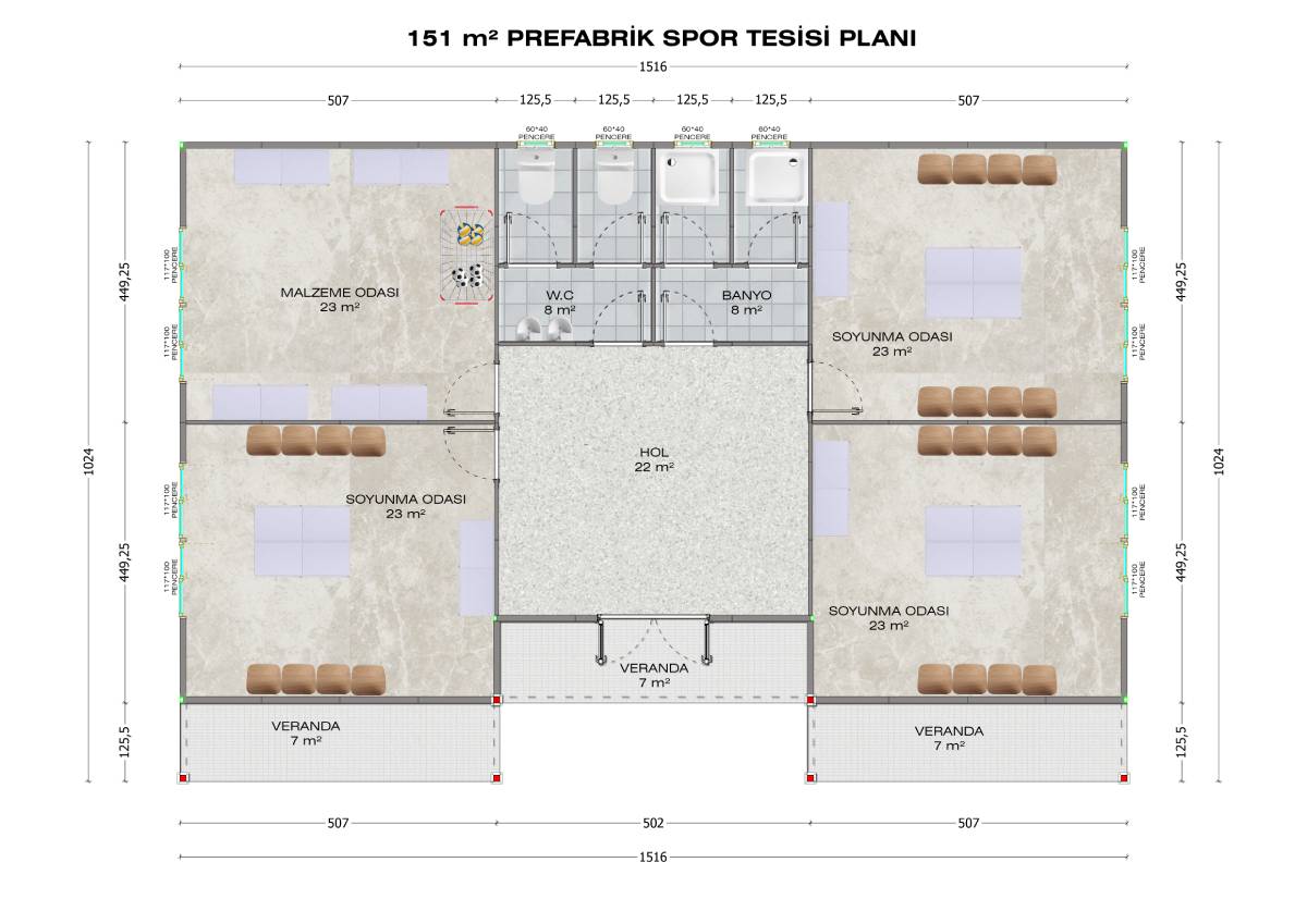 151 m2 Prefabrik Spor Binası