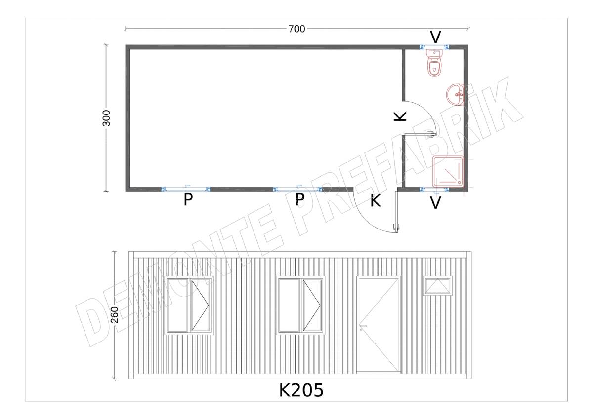 Tek Oda WC ve Duşlu Yatakhane Konteyner - K205