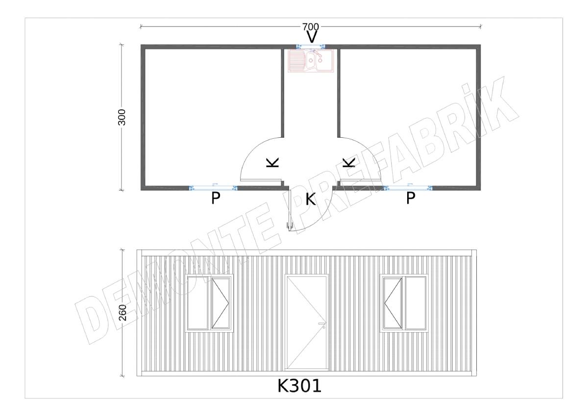 İki Odalı Mutfaklı Yemekhane Konteyner-K301