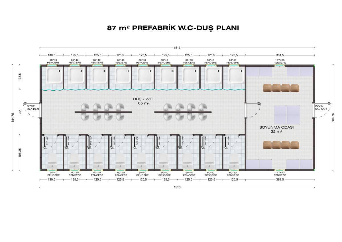 87 m2 Prefabrik WC-Duş Binası